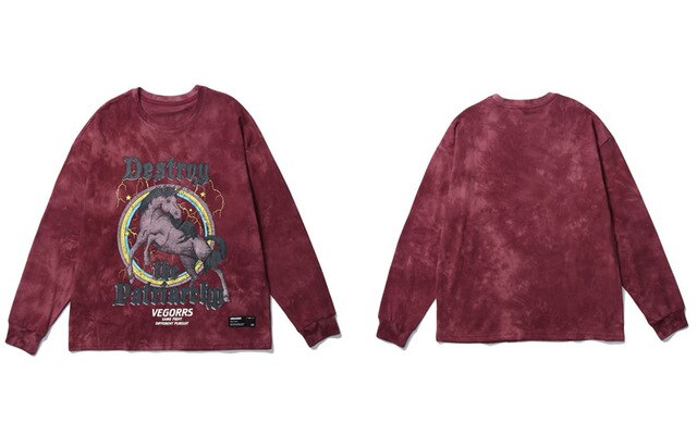 Hip Hop T Shirt Men Streetwear Print Wild Horse Long Sleeve Tees Harajuku Cotton Loose Tshirts Tie Dye Mens Fashion Tops-7