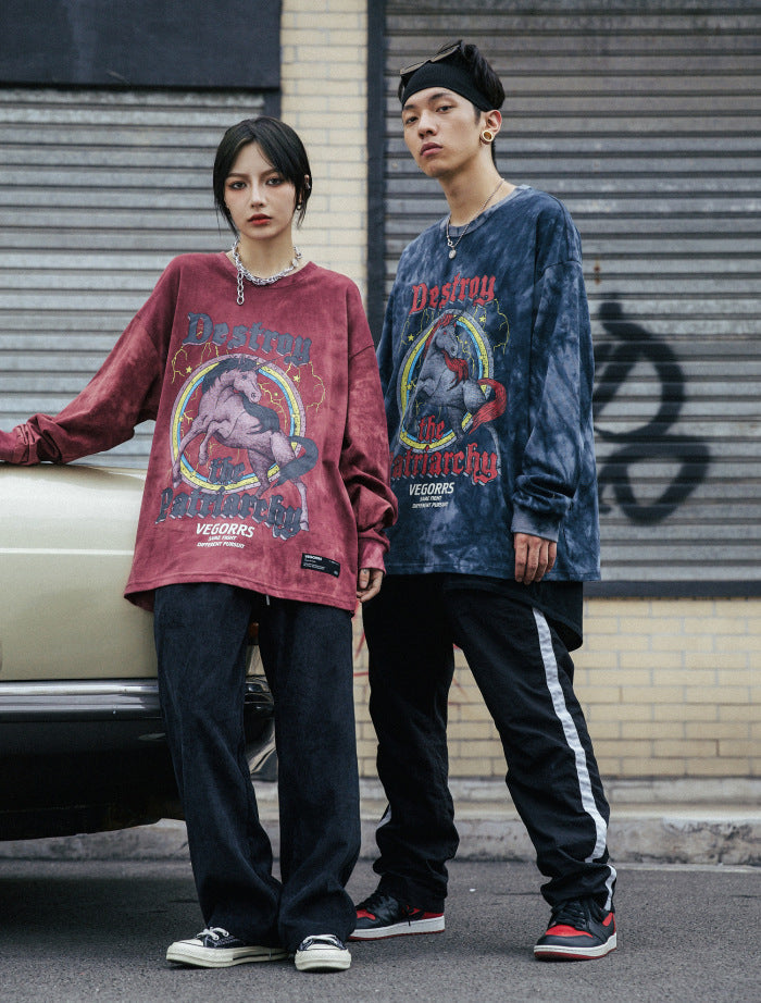 Hip Hop T Shirt Men Streetwear Print Wild Horse Long Sleeve Tees Harajuku Cotton Loose Tshirts Tie Dye Mens Fashion Tops-1