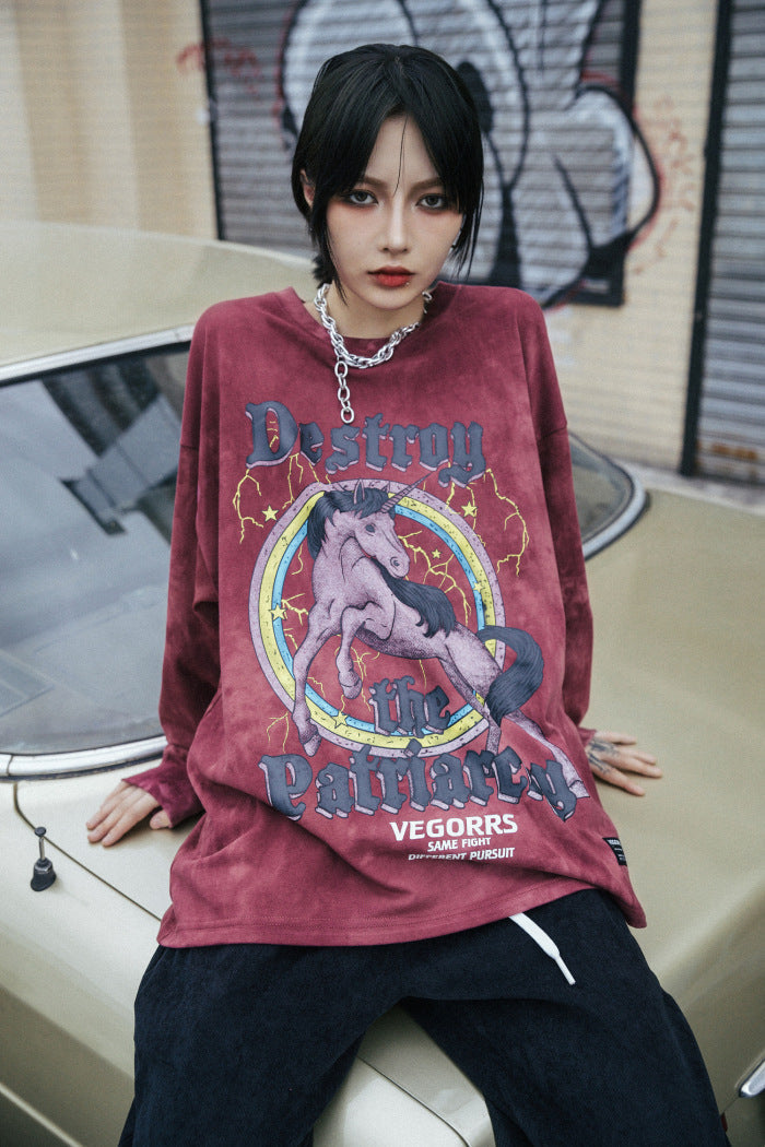 Hip Hop T Shirt Men Streetwear Print Wild Horse Long Sleeve Tees Harajuku Cotton Loose Tshirts Tie Dye Mens Fashion Tops-2