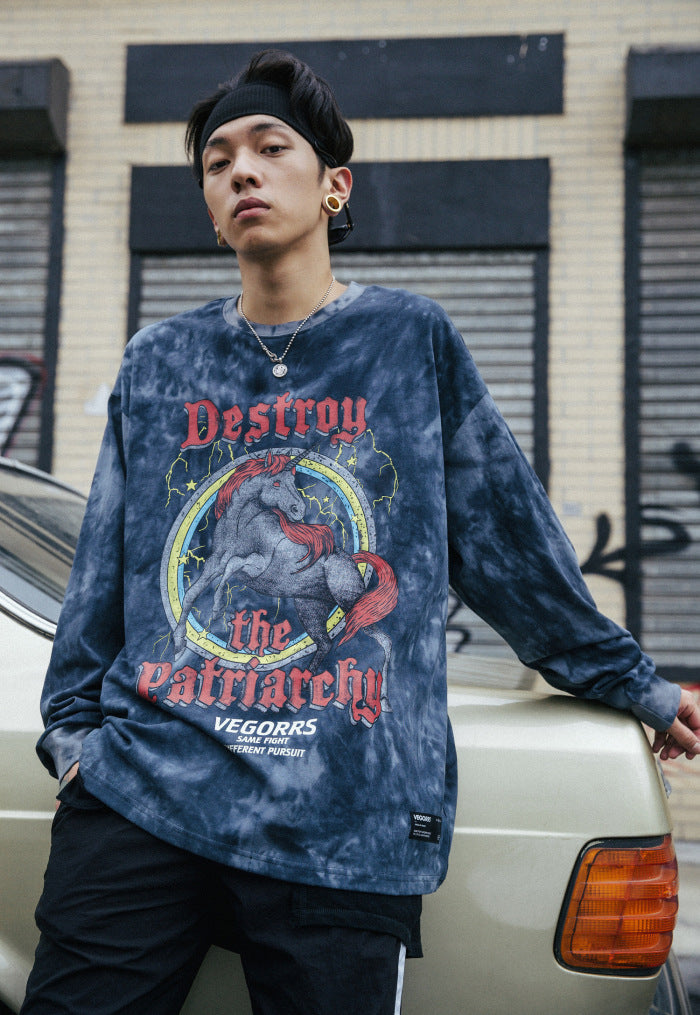 Hip Hop T Shirt Men Streetwear Print Wild Horse Long Sleeve Tees Harajuku Cotton Loose Tshirts Tie Dye Mens Fashion Tops-3