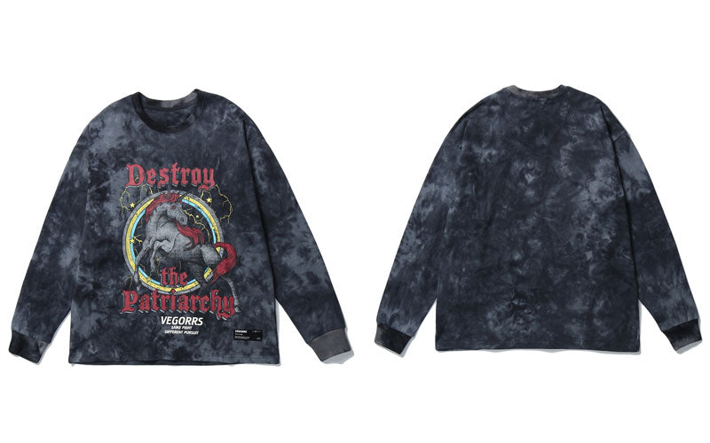 Hip Hop T Shirt Men Streetwear Print Wild Horse Long Sleeve Tees Harajuku Cotton Loose Tshirts Tie Dye Mens Fashion Tops-4