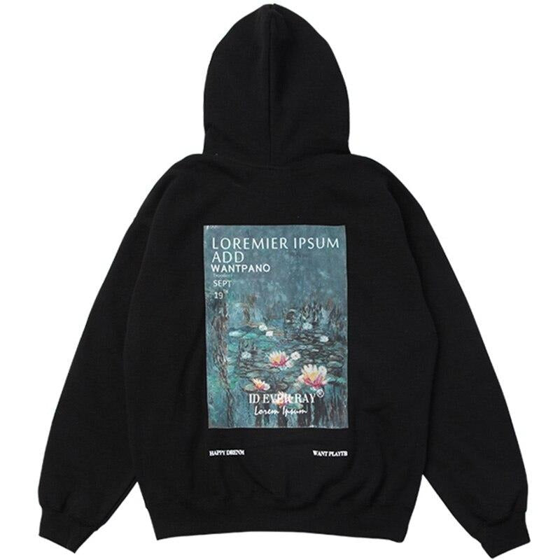 Hoodie Men Harajuku Lotus Painting Print Hooded Pullover Couple Casual Fashion Oversized Sweatshirt Men Clothing Winter-0